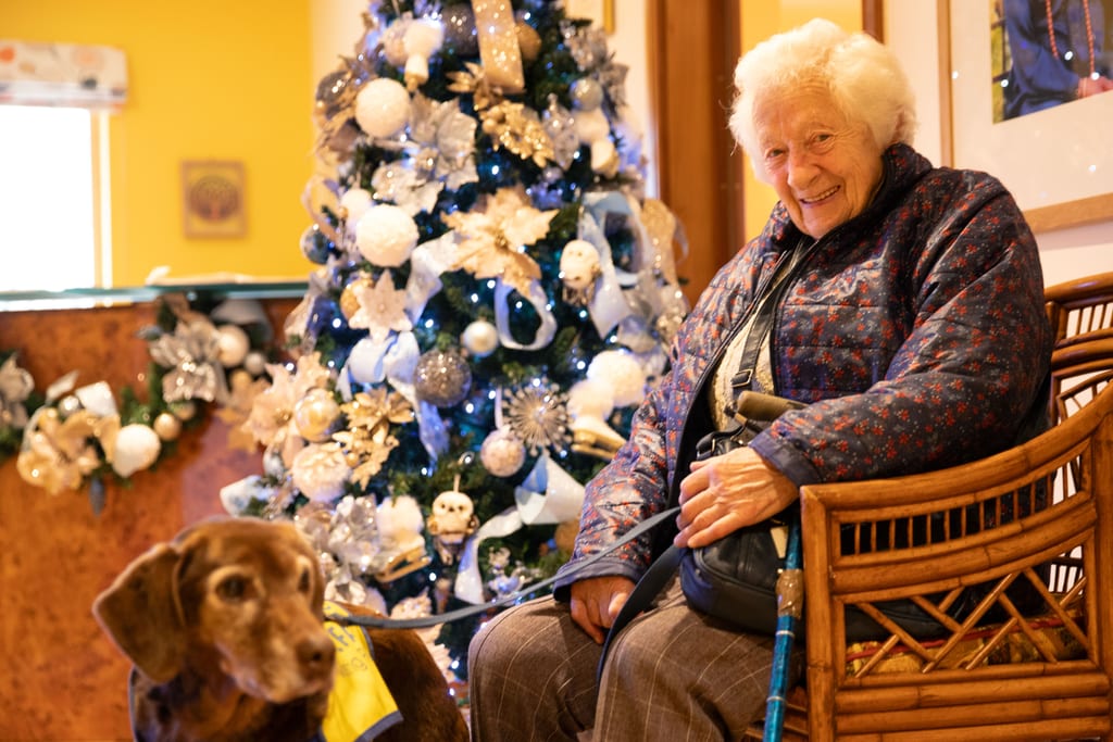 An older woman in a quilted jacket sitting in a cane chair beside a silver-and-white Christmas tree, with a brown dog in a yellow coat at her feet.